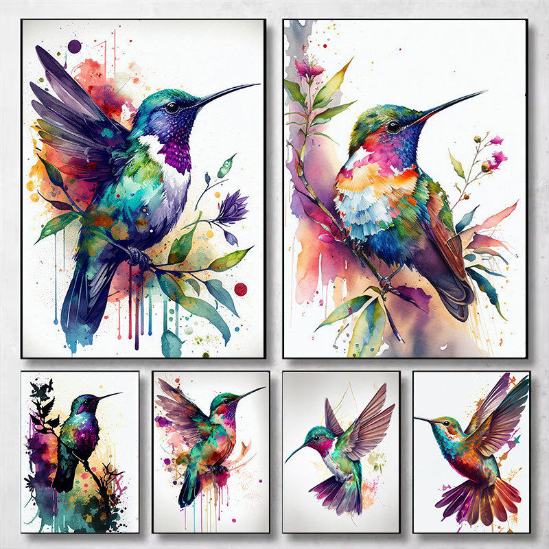 Watercolor Poster Print - (1pc frameless)Watercolor Colorful Birds Hummingbird Flower