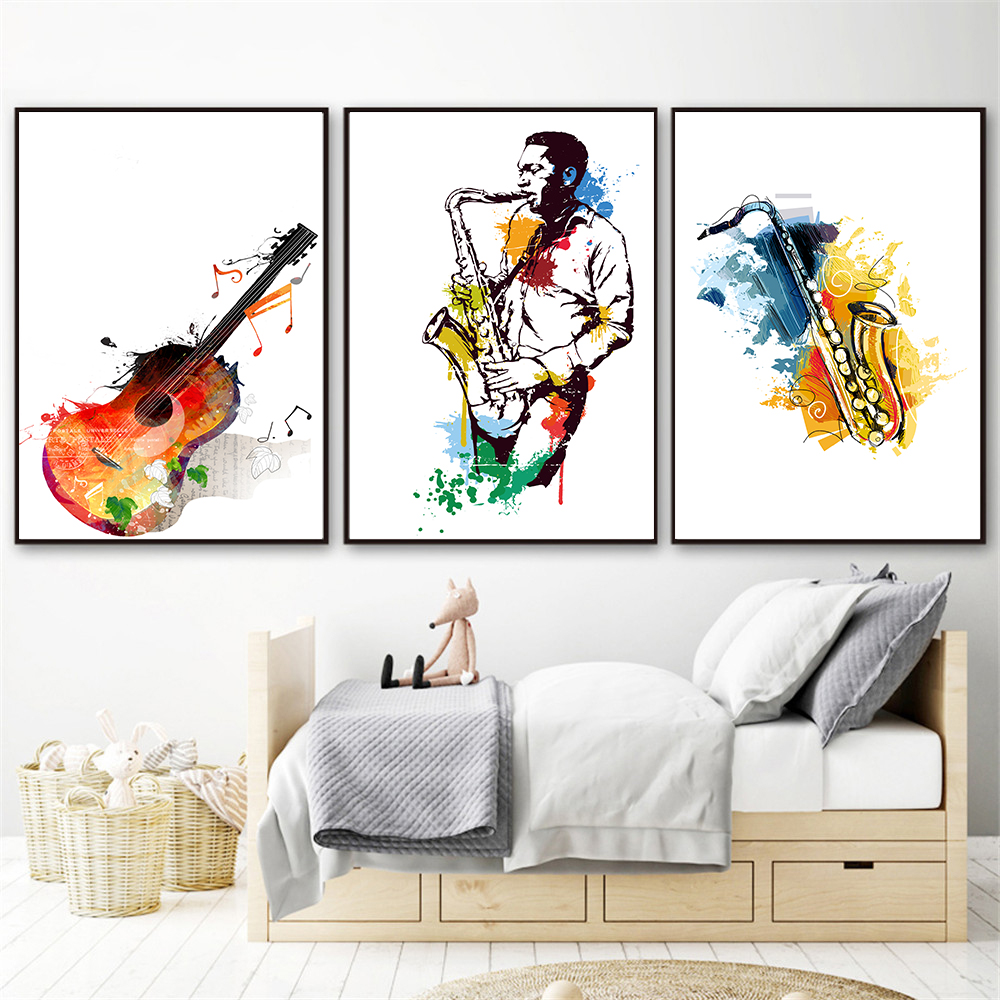 Watercolor Poster Print - Canvas Watercolor Music Saxophone Guitar Posters