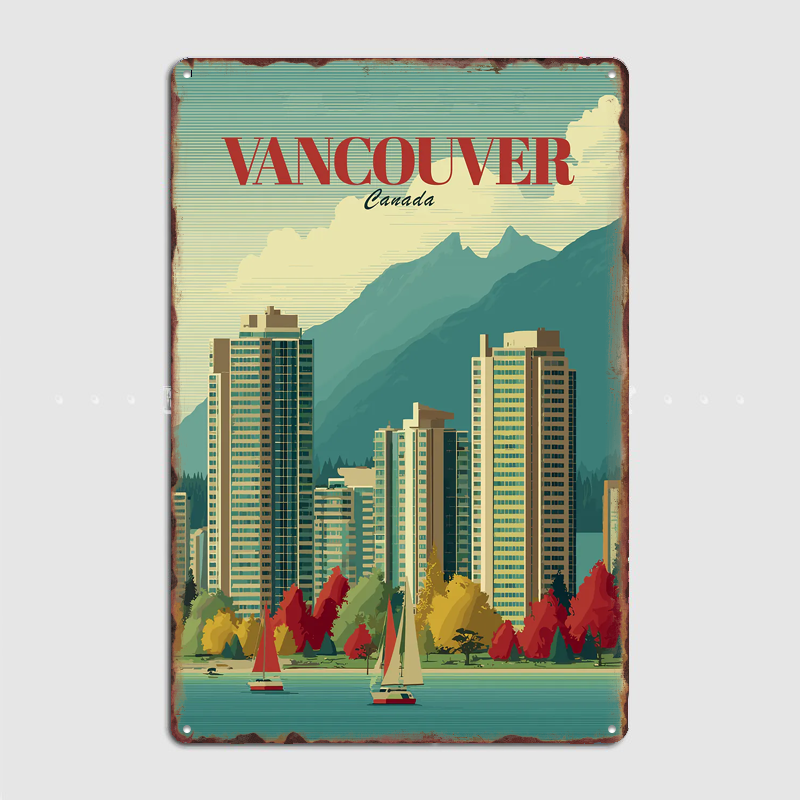 Home Decor Vancouver - Vancouver Cityscape with Mountains Poster Metal