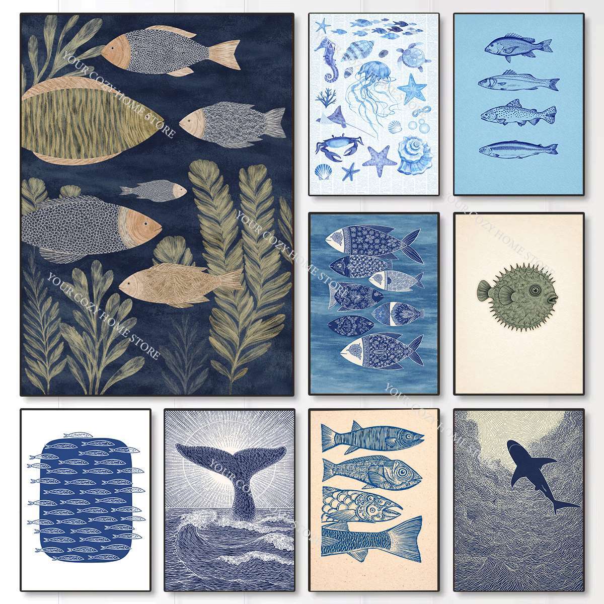 Watercolor Poster Print - Minimalist Nautical Fish and Waves Art