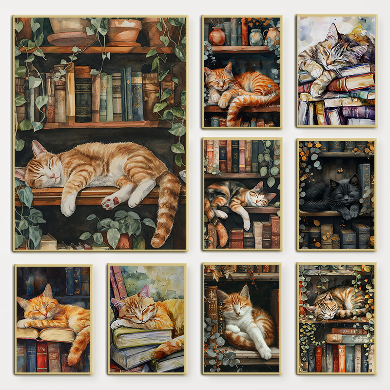 Cute Cat and Book Poster Victo - Watercolor Poster Print ulasan dan harga