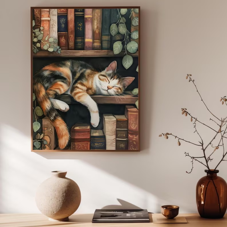 Cute Cat and Book Poster Victo - Watercolor Poster Print ulasan dan harga