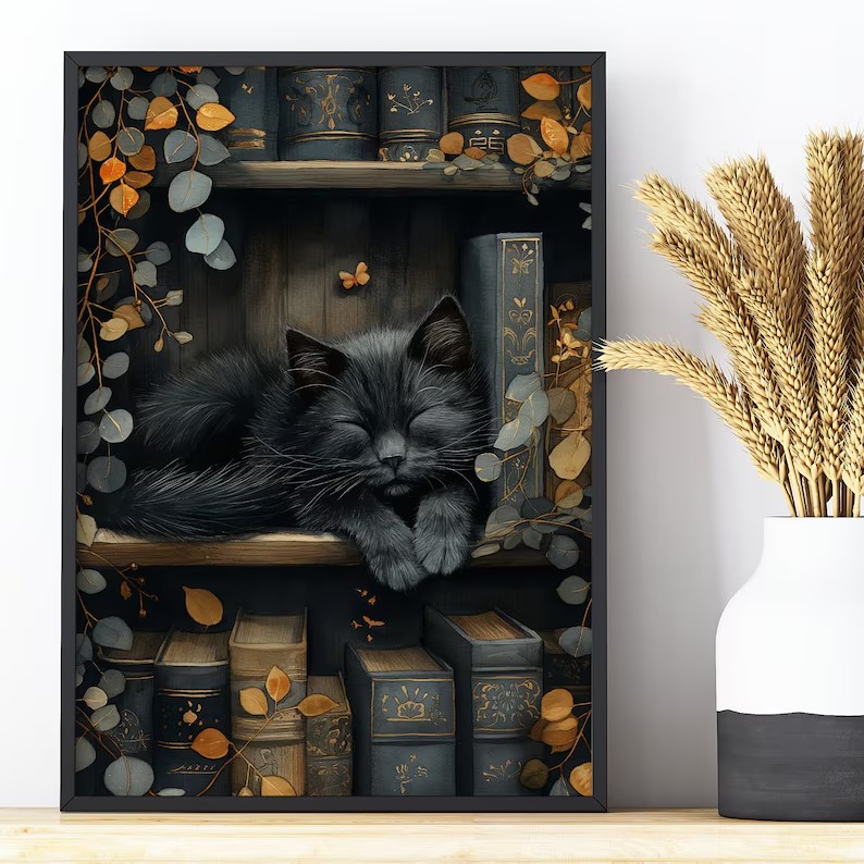Cute Cat and Book Poster Victo - Watercolor Poster Print ulasan dan harga