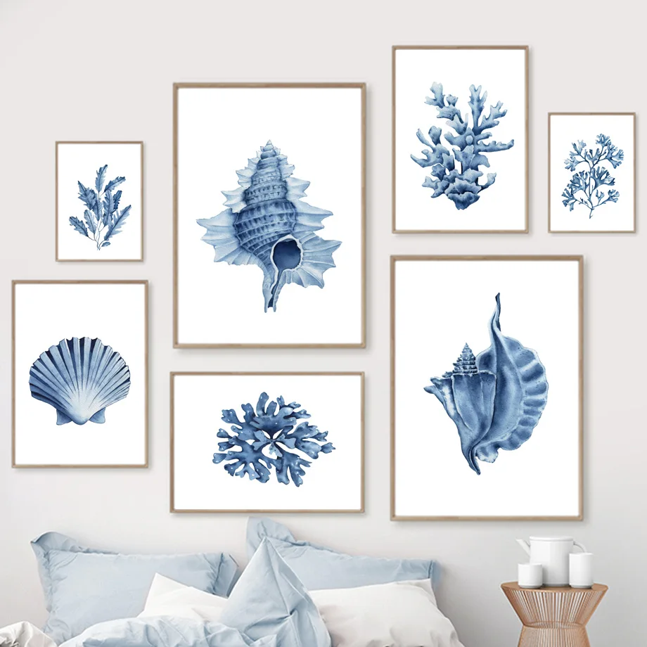 Blue Seaweed Coral Shell Conch - Watercolor Poster Print ulasan dan harga