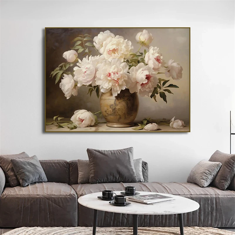 Vintage White Peony  RoseTulip - Watercolor Poster Print ulasan dan harga