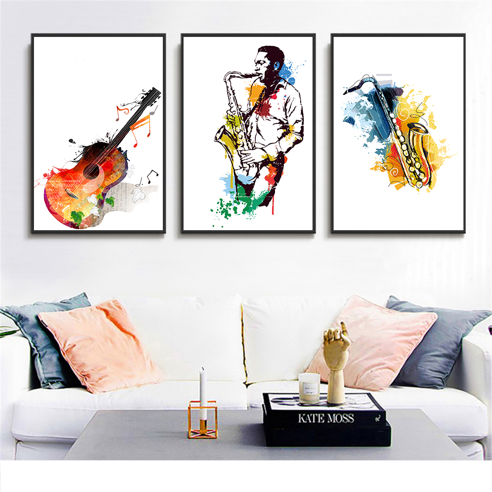 Canvas Watercolor Music Saxoph - Watercolor Poster Print ulasan dan harga