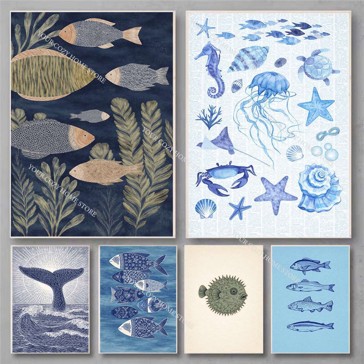 Minimalist Nautical Fish and W - Watercolor Poster Print ulasan dan harga