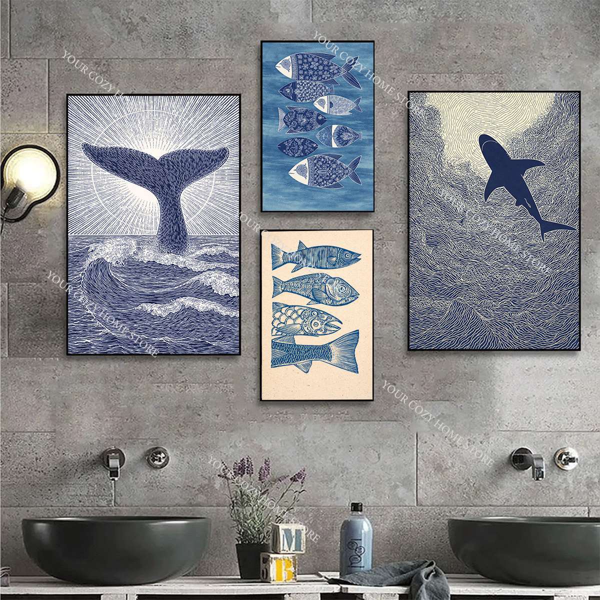 Minimalist Nautical Fish and W - Watercolor Poster Print ulasan dan harga