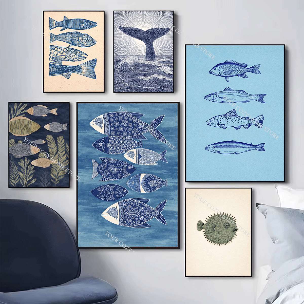 Minimalist Nautical Fish and W - Watercolor Poster Print ulasan dan harga
